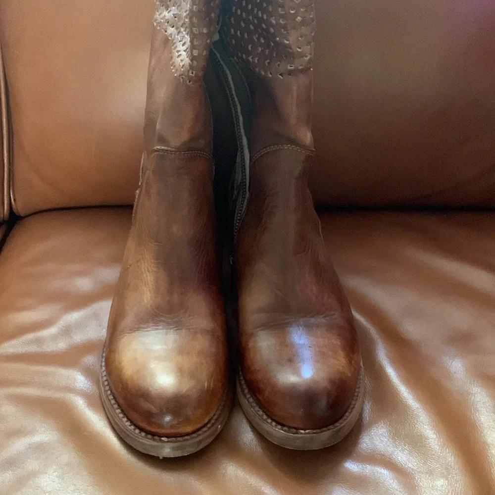 Bed Stu Women's Tall Perforated Leather Riding Boots in Cognac Brown
